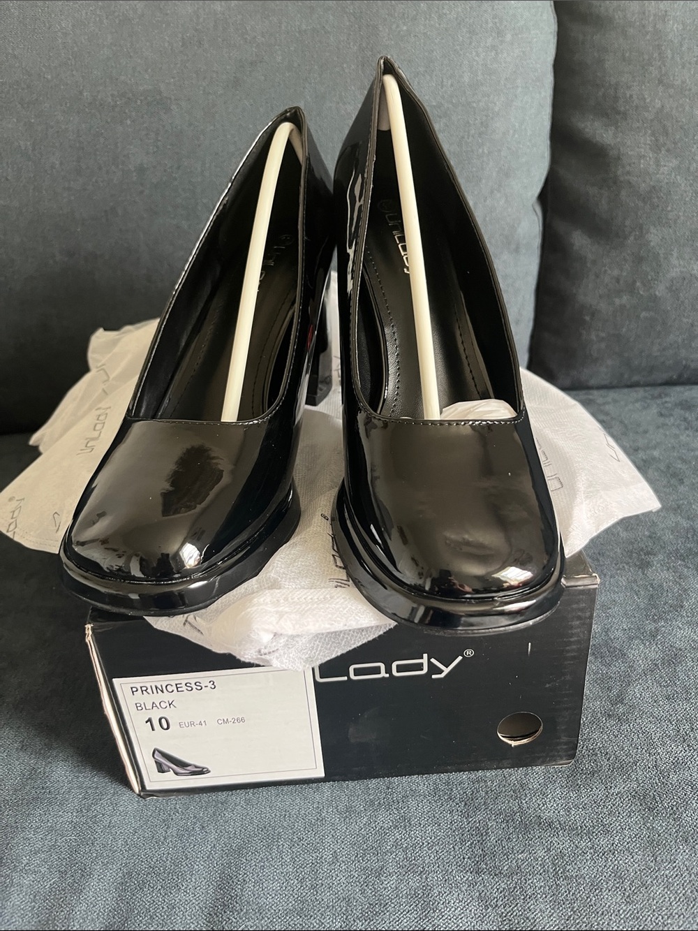 Princess-3 Black Patent Square-Toe Block Heel Pumps